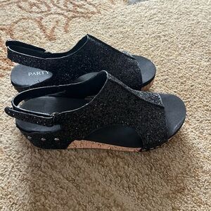 PARTY Black Glitter Slingback Cork-Trim Wedges